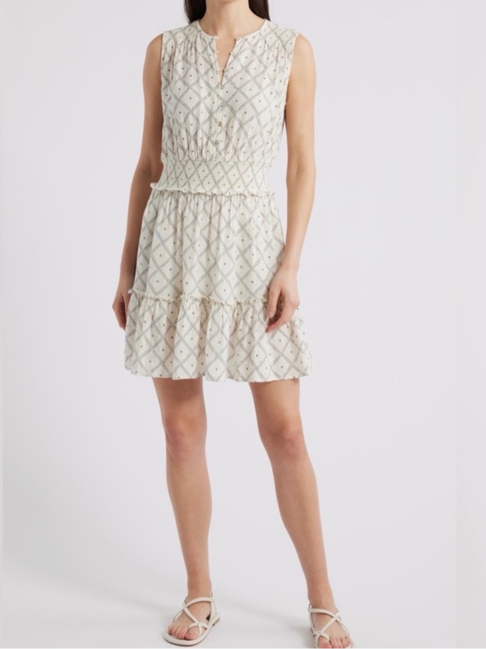 Rails Cindy Geo Print Linen Blend Tiered Mini Dress Ivory Zanzibar Large NWT